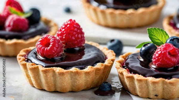 Obraz chocolate berry tarts with raspberries and blueberries