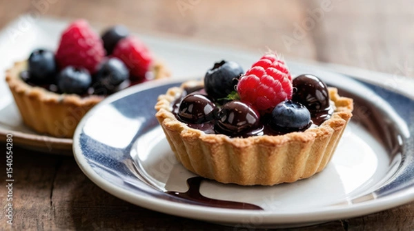 Obraz chocolate berry tarts with raspberries and blueberries