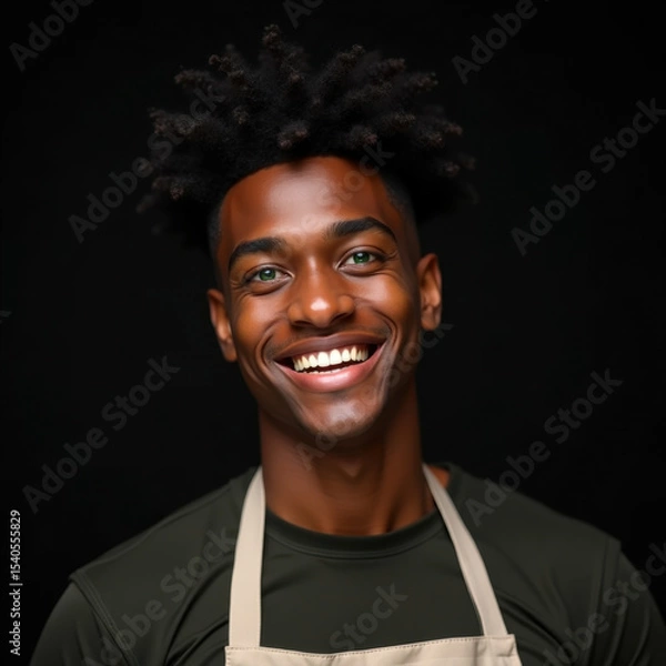 Obraz friendly young man in black shirt and apron smiling on black background
