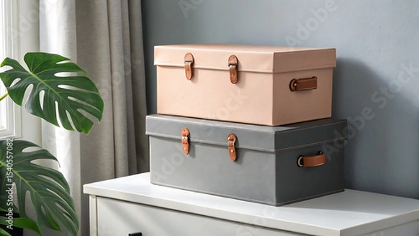 Fototapeta Two stacked storage boxes in gray and pink shades sit on a dresser in a room