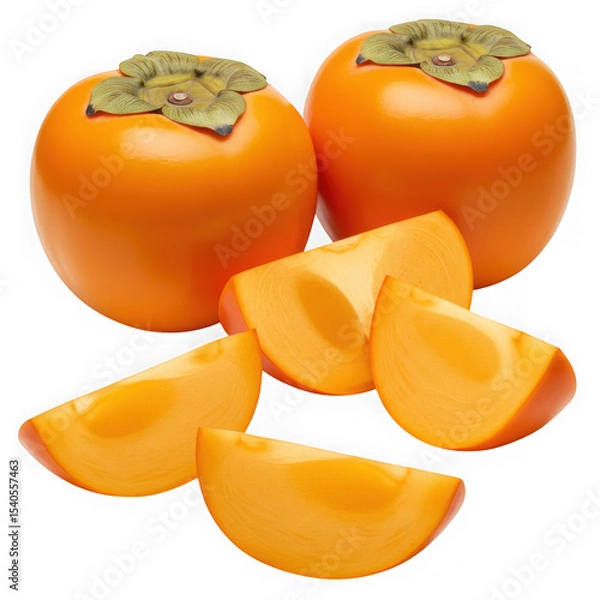Fototapeta Persimmons and slices arrangement on transparent background