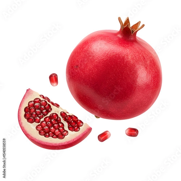 Obraz Vibrant Pomegranate Whole Fruit and Sliced Segment with Seeds transparent background