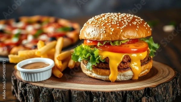 Fototapeta Melted Cheese Burger, Pizza, and Fries on Rustic Wooden Slice