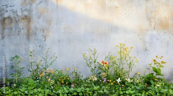 Fototapeta plantas y flores adornando una pared de cemento desgastado viejo y deteriorado 