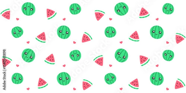 Fototapeta Green watermelon with a cute face, red watermelon slices and small hearts on a white background. Cute endless texture with kawaii summer fruit. Vector seamless pattern for surface texture and printing