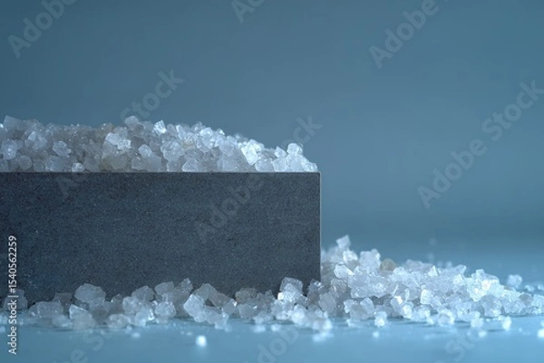Fototapeta Salt crystals in a minimalist setting on a dark surface with blue background