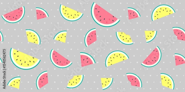 Fototapeta Different slices of red and yellow watermelon on a gray polka dot background. Cute endless texture with colorful summer fruit. Vector seamless pattern for wrapping paper, packaging, giftwrap, printing