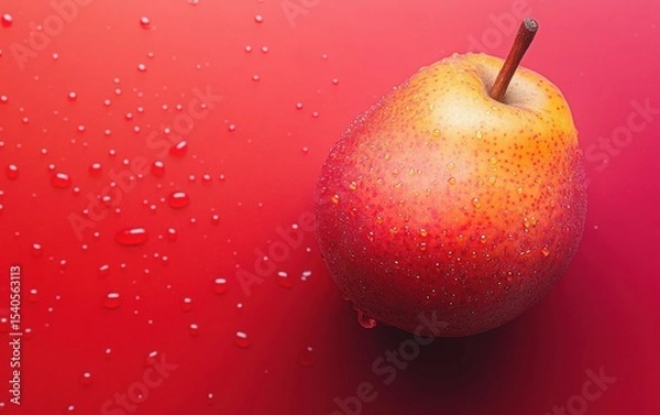 Fototapeta Close-up of single ripe yellow-red pear on red gradient background.