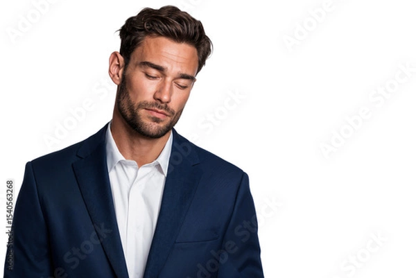Fototapeta Man in a suit with eyes closed, appearing sad and defeated after being fired and jobless, isolated on transparent background