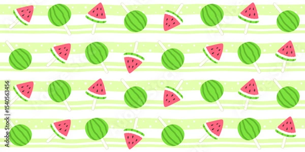 Fototapeta Green watermelon and its red slices on a stick on a soft striped background with dots. Fruit pieces. Summer endless texture with watermelon-shaped popsicles. Vector seamless pattern for wrapping paper