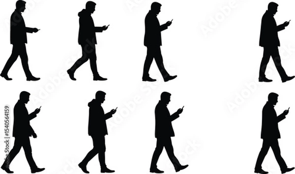 Fototapeta Silhouette vector of man walking, using phone, side view, modern lifestyle, technology use, digital communication, casual pose, urban concept