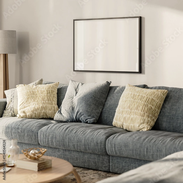Fototapeta Blank horizontal frame mock-up in modern living room interior, 3d render