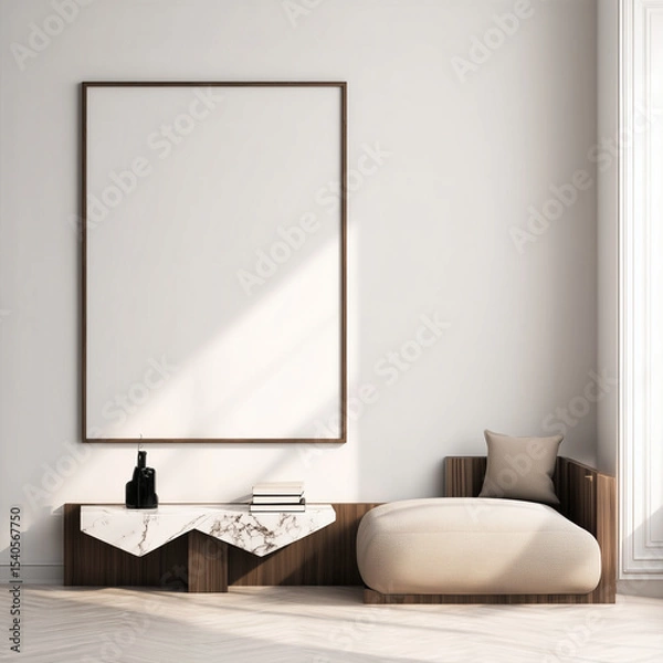 Fototapeta Modern minimalist interior with blank canvas mockup and seating
