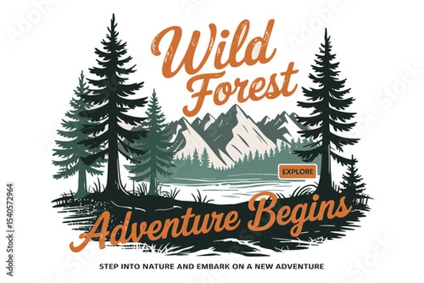 Fototapeta A  vintage-style outdoor adventure logo design with a white background. The central focus is a mountain landscape with tall evergreen trees in dark green silhouettes. Five tall pine trees frame the sc