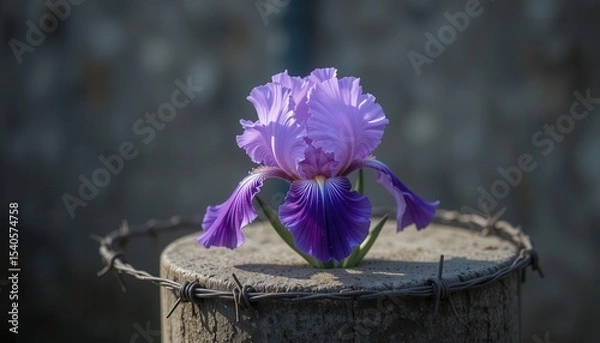 Fototapeta Purple Iris Flower Blooming Amidst Barbed Wire on Weathered Concrete