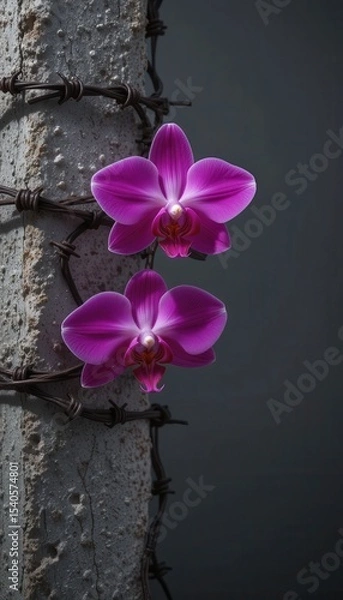 Fototapeta Vibrant Fuchsia Orchids Bloom Amidst Barbed Wire