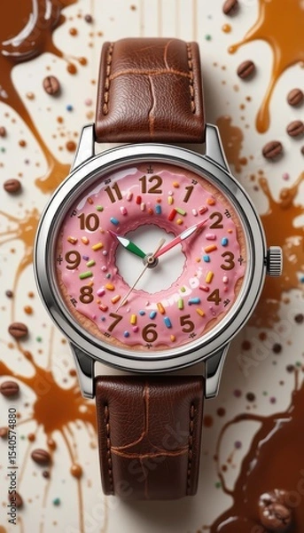 Fototapeta Whimsical Donut Watch Pink Icing, Rainbow Sprinkles