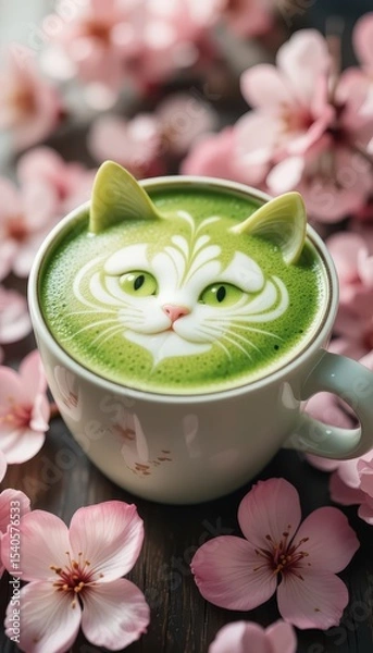 Fototapeta Whimsical Matcha Latte Art Cat Face in Sakura Bloom