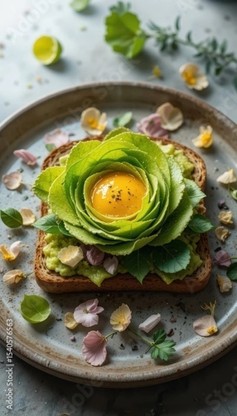 Fototapeta Artistic Avocado Rose Toast with Poached Egg & Edible Flowers