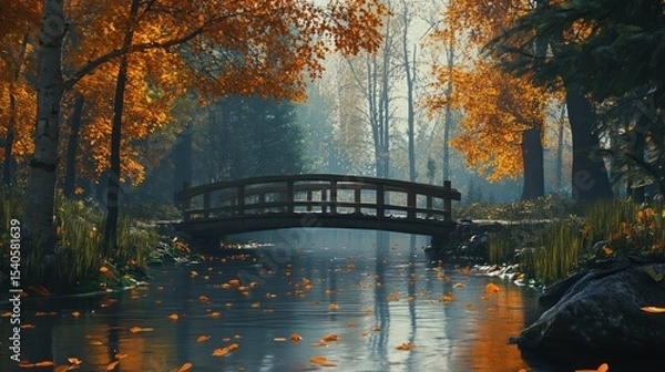 Fototapeta Autumnal Serenity: A Tranquil Bridge Over a Still Stream