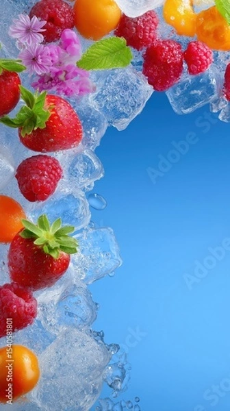 Obraz Fresh berries and ice cubes on a vibrant blue background