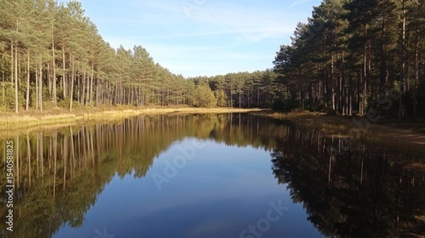 Fototapeta Serene Forest Lake Reflection: A Tranquil Autumn Day