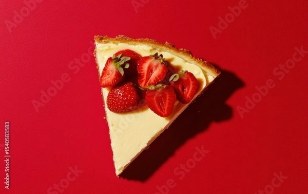 Fototapeta Top-down view of New York cheesecake slice topped with fresh strawberries on red background.