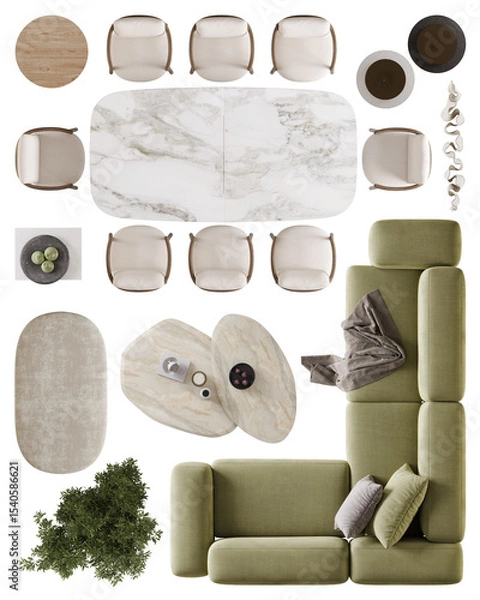 Obraz Modern Dining room Layout Elements- Transparent Background, Top View