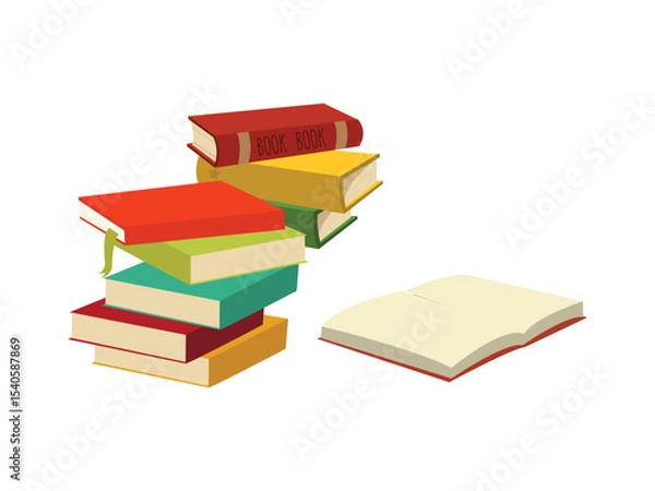 Fototapeta set of random colorful books placed on each other and one book are open white background
