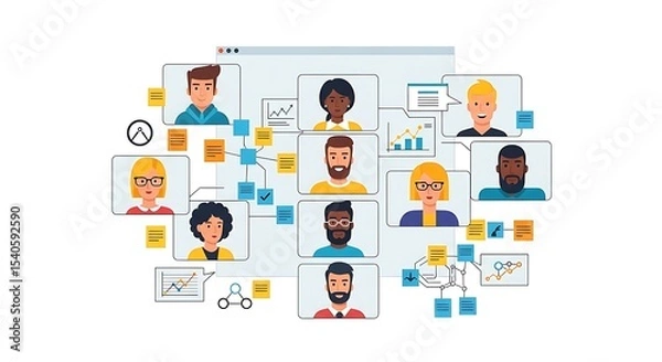 Fototapeta Diverse Team Members Connected in a Digital Network with Data Charts