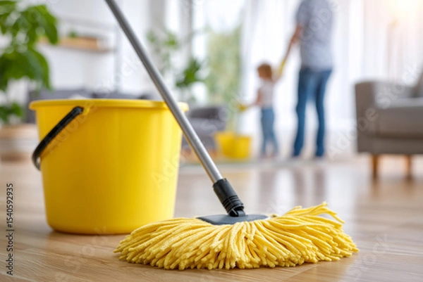 Obraz A yellow mop and bucket sit on a clean wooden floor, a child helping their parent to tidy in a bright and inviting living room.