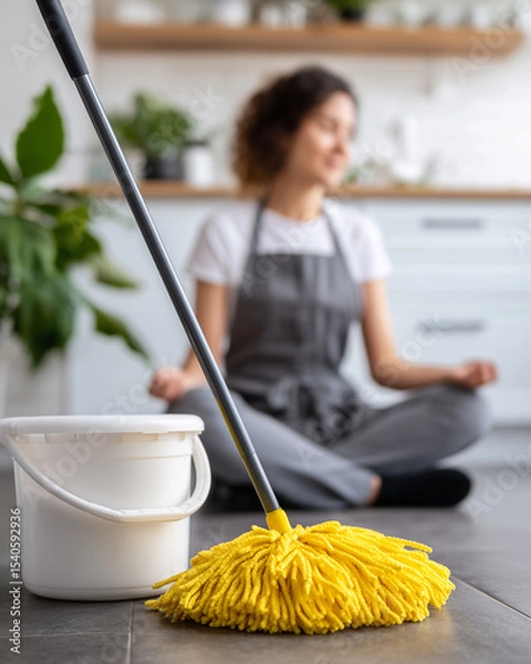 Obraz A woman takes a moment of serenity while cleaning, achieving a state of mindfulness and peace amidst the demands of everyday life.
