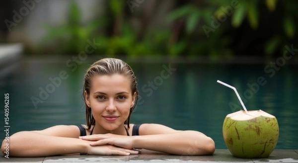 Fototapeta Medium shot of a beautiful woman relaxing in a swimming pool, highlighting leisure, vacation, and tropical vibes. Features a refreshing coconut drink.
