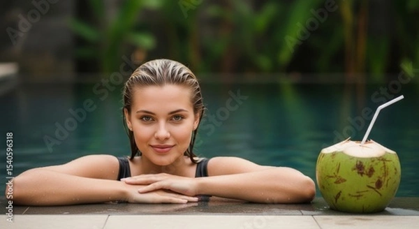 Fototapeta A serene young woman with wet blonde hair enjoys a refreshing moment in a pool, with a fresh coconut drink beside her. Perfect for summer, travel, and relaxation themes.