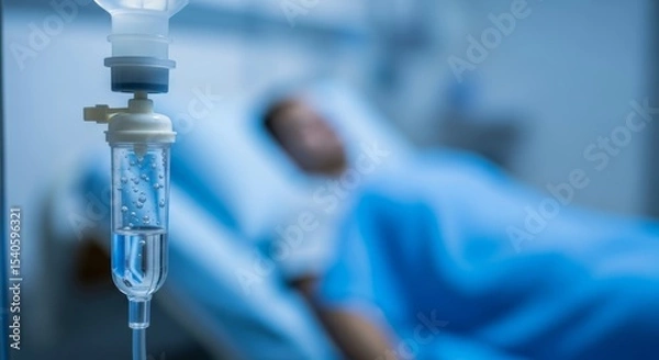 Fototapeta Close-up of a clear IV drip chamber with fluid, symbolizing medical treatment, recovery, and healthcare. A patient is blurred in the background.