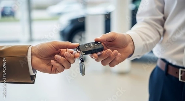 Fototapeta Close-up of two hands exchanging a car key, symbolizing a car purchase, rental, or handover. Ideal for automotive, real estate, and transaction themes.