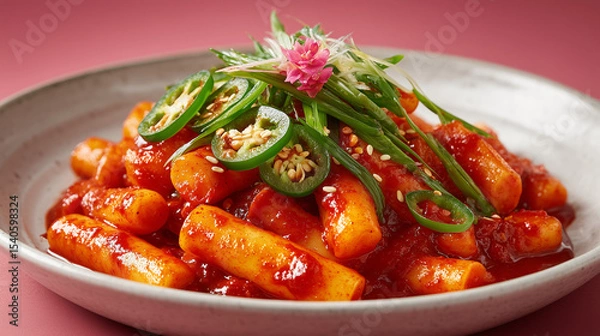 Fototapeta spicy Korean tteokbokki, chewy rice cakes coated in rich vibrant red gochujang sauce, served on a white modern ceramic plate fully visible in the frame
