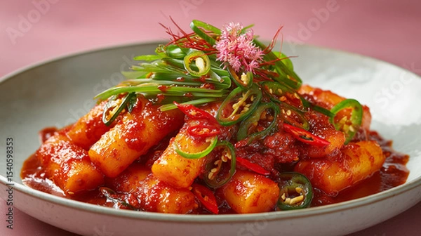 Fototapeta spicy Korean tteokbokki, chewy rice cakes coated in rich vibrant red gochujang sauce, served on a white modern ceramic plate fully visible in the frame