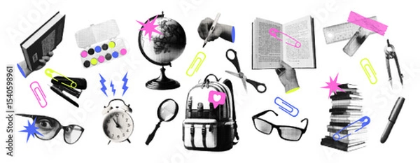 Obraz Trendy education concept halftone collage. Set elements with school supplies back, globe, books, glasses, pencil. Retro vector illustration for mixed media design isolated on transparent background.
