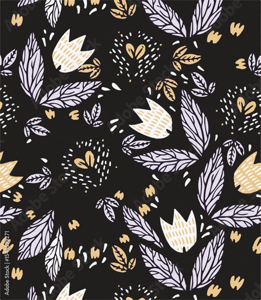Obraz vector floral seamless pattern with blue tulips, vector floral seamless pattern with abstract herbs and berries
