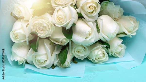 Obraz Bouquet of white roses on a blue background. Greeting card.