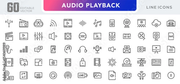 Obraz Audio playback linear icon set. Sound, multimedia, volume, Media Control, video, microphone, Music, voice, media and player outline vector icon set. UI thin line icon pack.