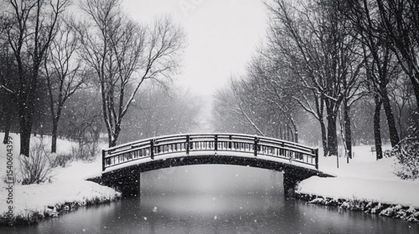 Fototapeta Serene Winter Wonderland with Snowy Bridge and Tranquil Waters in a Snowfall Landscape Ideal for Winter-Themed Imagery and Seasonal Designs