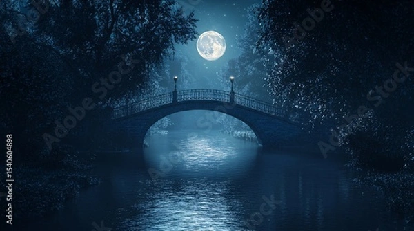 Fototapeta Enchanting Night Scene with a Moonlit Bridge Over a Calm River Surrounded by Mist-Laden Trees and Soft Glow of Lanterns, Capturing a Serene Atmosphere of Nature