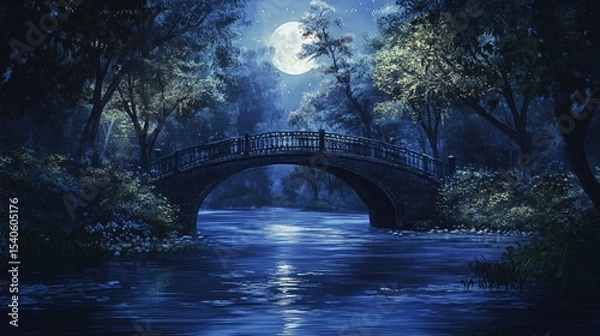 Fototapeta Serene Night Scene Featuring a Charming Bridge Over a Quiet River Illuminated by a Full Moon Amidst Lush Trees and Sparkling Stars