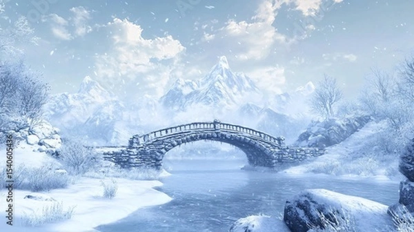 Fototapeta Serene Winter Landscape Featuring Snowy Mountains, Tranquil River, and Elegant Stone Bridge Under Soft Snowflakes in a Winter Wonderland