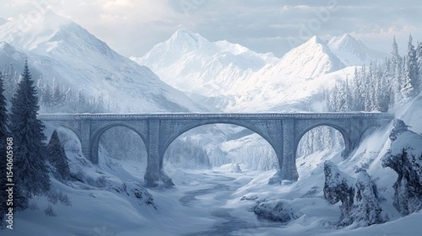 Fototapeta Serene Winter Landscape with Snow-Covered Mountains and a Majestic Stone Bridge Spanning a Frozen River in a Tranquil Snowy Environment