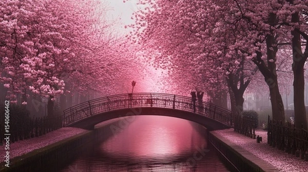 Fototapeta Serene Cherry Blossom Lane with Vibrant Pink Trees Framing a Peaceful Canal and Charming Bridge Under a Soft Misty Atmosphere
