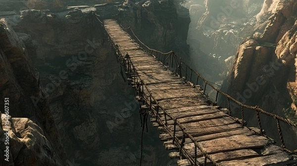 Fototapeta A breathtaking view of an old wooden suspension bridge over a chasm connecting two rocky cliffs, surrounded by dramatic natural scenery and sunlight filtering through mist.