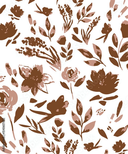 Obraz Botanical flowers, daisies, green leaves, blush pink background. Floral illustration. Vector seamless pattern. Botanical design. Nature garden elements. Summer plants
